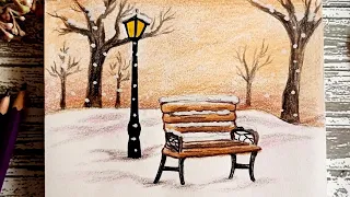 رسم منظر طبيعي بالألوان رسم منظر ثلج رسم منظر طبيعي بالألوان الخشبية Drawing Snowfall Scenery 