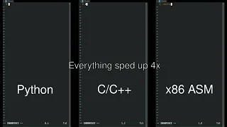 Python vs C C vs Assembly side by side comparison