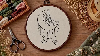 Halloween Embroidery for Beginners 🎃🕷️ | Spooky Moon & Spider Web Design