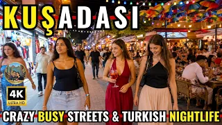 Kusadasi Turkey 2026 4K Walking Tour Nightlife at Crazy Busy Streets Old Bazaar Fake Market