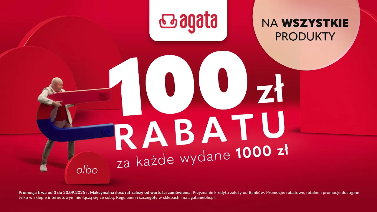 Salony Agata — Agata — Sale: Up to 30 interest-free installments or 100 PLN discount (YouTube video ad)