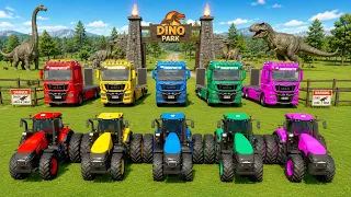 transporting all colorful giant case ih tractors through dino park with man trucks fs22