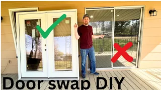 Removing old sliding door installing new french doors Time lapse