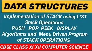 Data Structures Implementation of STACK using LIST STACK operations PUSH POP PEEK DISPLAY