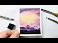 Watercolor cotton candy sky landscape painting tutorial How to paint mountains for beginners