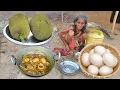 90 year old Poor widow grandma Cooking JACKFRUIT with EGG CURRY how to cook and eat Village kitchen