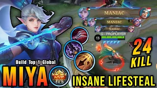 Download 4x MANIAC!! 24 Kills Miya High LifeSteal Build, Almost SAVAGE!! - Build Top 1 Global Miya ~ MLBB MP3