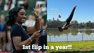 Simone Biles attempts first flip in a year in October 2025 in the new house with new Boobs