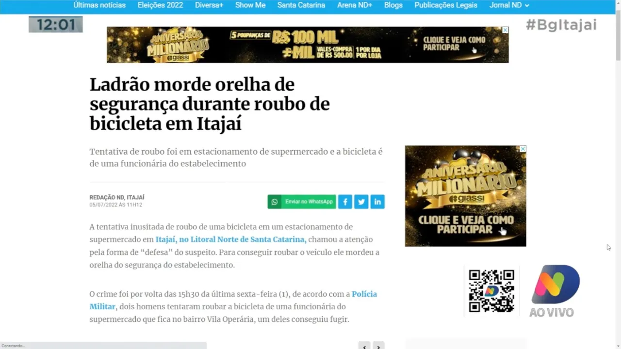 Ladrão mordeu a orelha do segurança de um supermercado enquanto tentava roubar um bicicleta