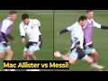 Lagu Mac Allister daagt Messi uit voor een één-op-één duel tijdens de training van Argentinië voor Angola