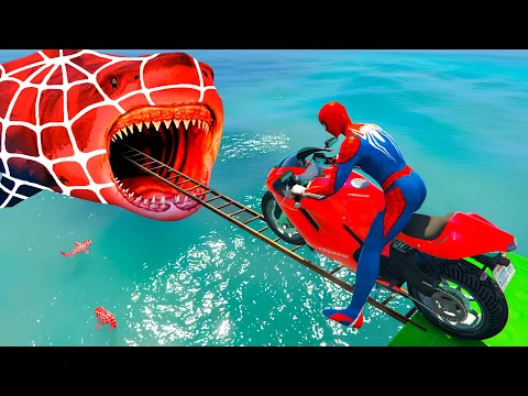 Video Thumbnail: سبايدر مان اصعب دراجة نارية فوق اسماك القرش - Superheroes Ride on Motorcycle Stunt Funny Moments