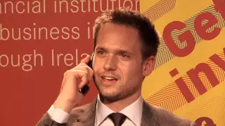 Patrick J Adams Suits takes unexpected call from girlfriend Troian Bellisario at UCD Dublin