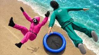 GTA 5 Squid Game Team Crazy Trampoline Jumps and Ragdolls