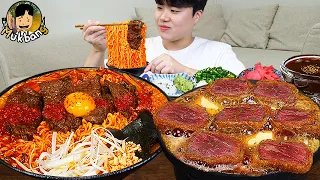 ASMR MUKBANG 직접 만든 매운 열라면 김밥 대왕 규카츠 먹방! RAMYEON & KIMBAP & PORK CUTLET MUKBANG EATING SOUND!