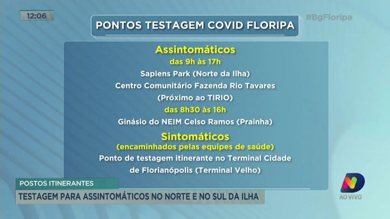 Testagem para assintomáticos no Norte e no Sul de Florianópolis