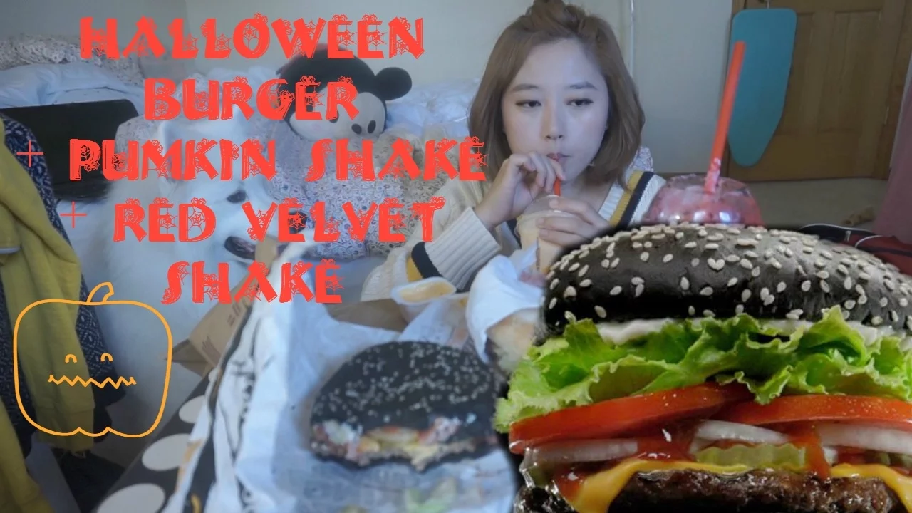 MUKBANG/EATING SHOW - Burger King Halloween burger + Pumpkin + Red velvet Shake