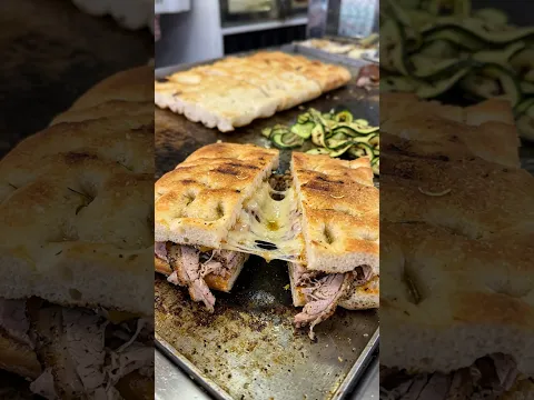 Italian Roast Pork & Cheese Sandwiches on Grill. Italy Street Food Fair. Turin, Torino.