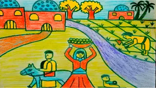 رسم الريف المصري خطوة بخطوة بالقلم الرصاص والألوان الخشبية رسم الريف تعليم الرسم رسم سهل 