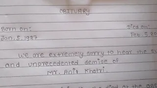 Write a OBITUARY CONDOLENCE to your friend English Handwritting clean