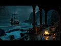 NO Ads 🌧️ Rain & Thunder, Crackling Fire Sounds on a Pirate Balcony by the Stormy Sea | White Noise