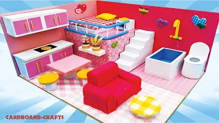 DIY Miniature Cardboard House 8 طريقة صنع بيت منزل من الكرتون مكون من مطبخ وحمام وصالون وغرفة نوم 