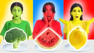 تحدي اكل بلون واحد   أحمر و اصفر و أخضر   دندنها