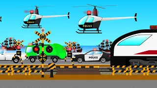 踏切の前を横切る怪しい車と追いかけるパトロールカー＆電車