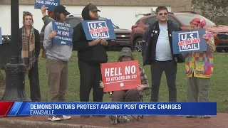 Postal workers and supporters oppose USPS privatization in downtown Evansville