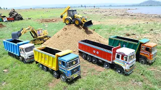 jcb 3dx fully loading sand dumper truck tata tipper accident pulling out jcb 3dx cartoon cs toy