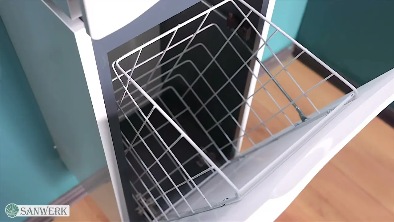 Видеообзор подвесного пенала для ванной Алесса AIR 35 см серого цвета с корзиной для белья (desktop)