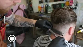 Slicked Back Haircut with Beard Trim