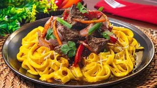Tallarines a la Huancaína con Lomo Saltado | RECETA PERUANA | Sazón y Corazón