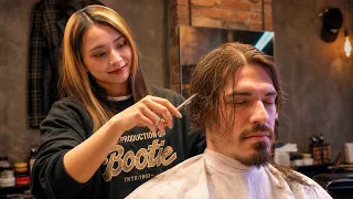 💈(ASMR) This Japanese Scissor Haircut Completely Changed His Look | Japanese Lady Barber Ms Rino