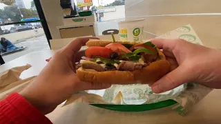 POV Subway Club Turkey Ham Roast Beef pepper-jack spinach tomatoes onions oil-vinegar and mayo