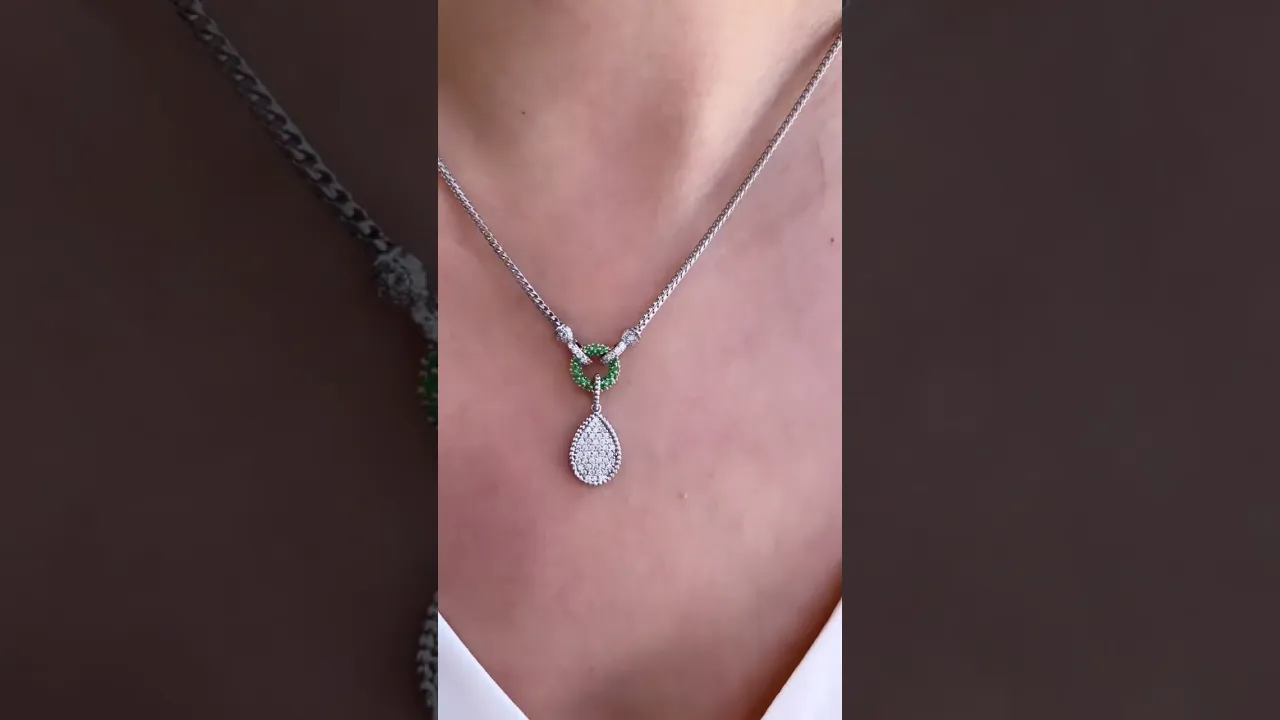 14K White Gold Pave Diamond & Emerald Tear-Drop Shape Drop Pendant