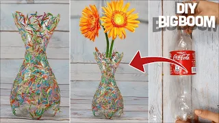 How To Make Flower Vase With Plastic Bottle Paper Supper Quicky Easy DBB 