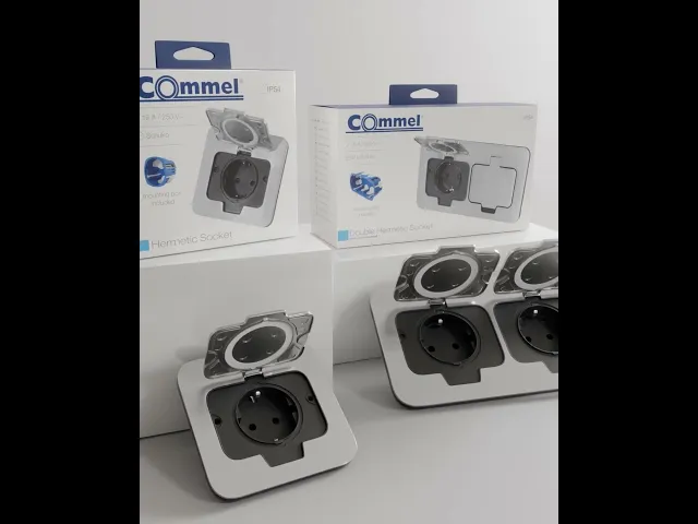 Контакт шуко IP54, цвят стомана, Ø60mm, Commel, COMMEL, C043-801 в опаковка