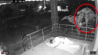 cctv footage of the real ghost in the house chasing the man who slept outside the house after work