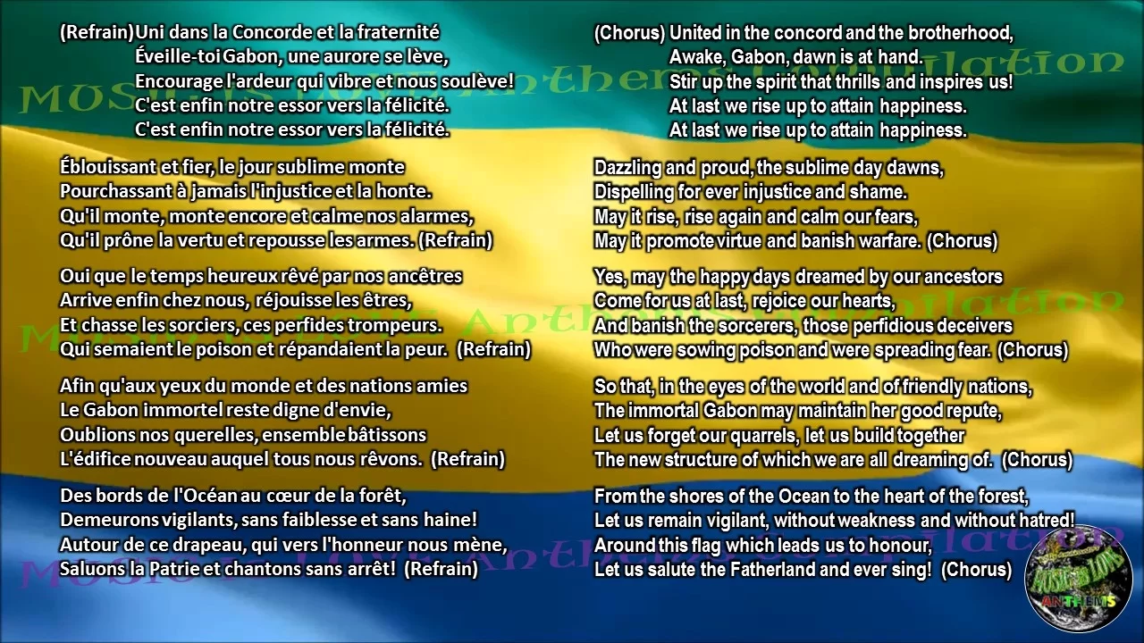 Gabon National Anthem "La Concorde" with music, vocal and lyrics French w/English Translation