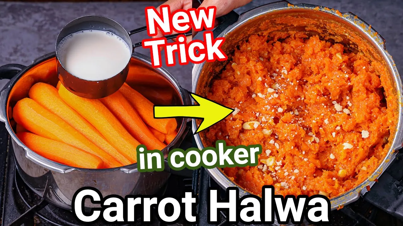 Instant Carrot Halwa - New Trick in Pressure Cooker Under 15 Mins   No Grate Gajar Ka Halwa Recipe