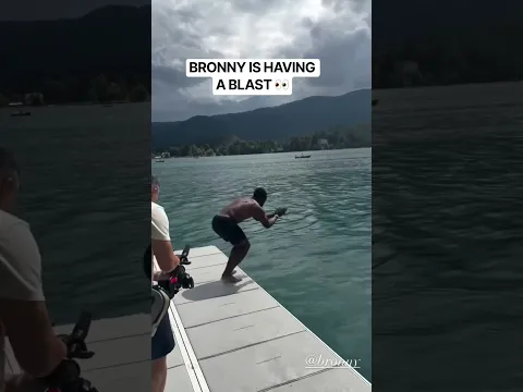 Bronny James front flipping into the lake in Slovenia 🌀 (Via jvando_/IG)