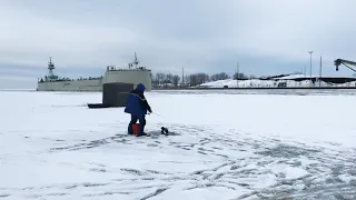 Saginaw River Ice fishing - Freighter