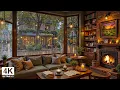 Cozy Rain March in Coffee Shop Gentle Jazz With Fireplace Ambience For Positive Relieve Stress