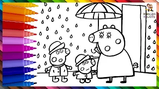 Drawing And Coloring Peppa Pig George Pig And Mommy Pig In The Rain Drawings For Kids