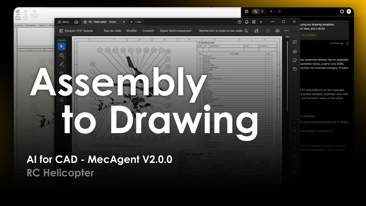 AI for CAD - Assembly to Drawing - MecAgent 2.0.0 - RC Helicopter - Demo