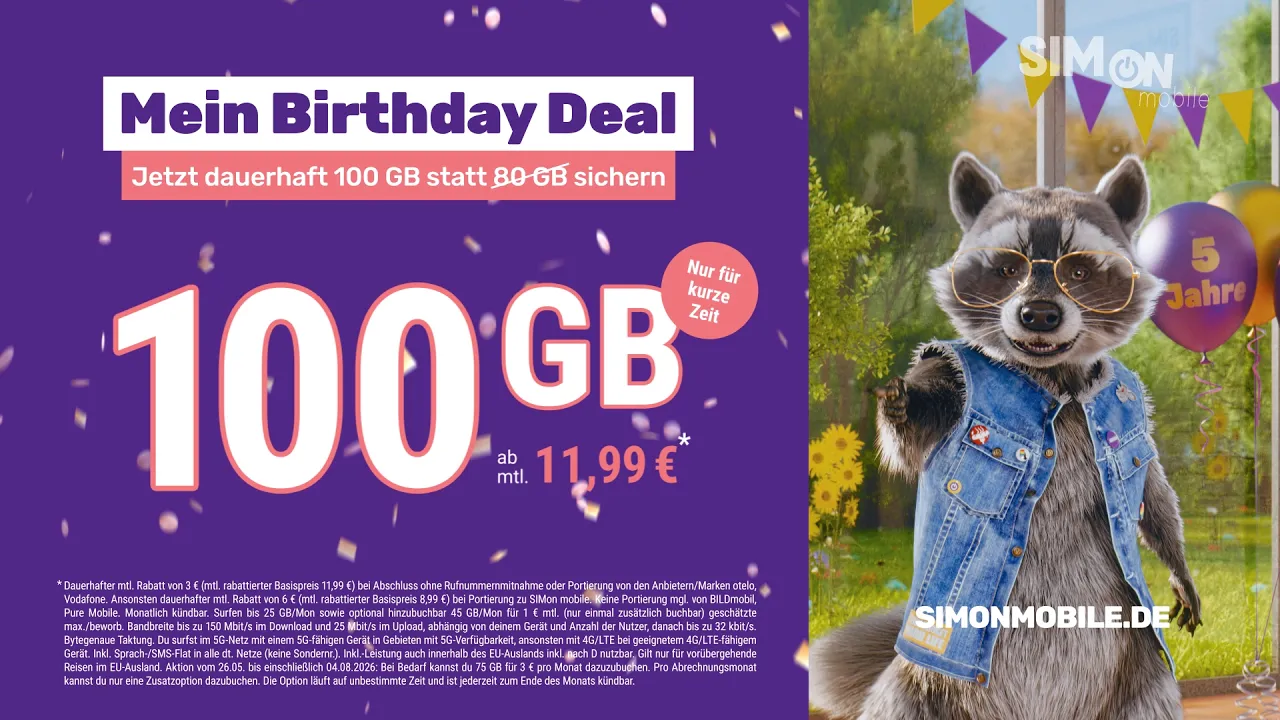 SIMon mobile — SIMON MOBILE - Mein Birthday Deal: 100 GB for 11,99€ (YouTube video ad)