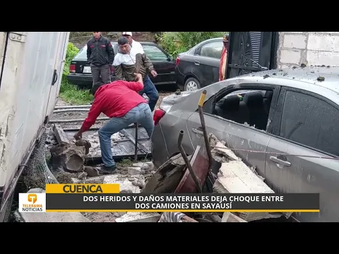 Dos heridos y daños materiales deja choque entre dos camiones en Sayausí
