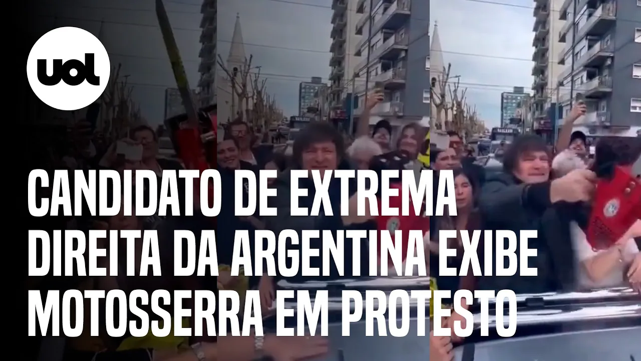 Javier Milei, candidato à presidência da Argentina, exibe motosserra e dólar gigante em protesto