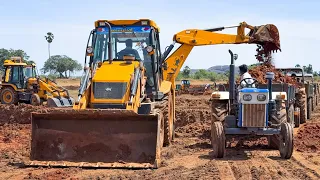 Many JCB 3DX and Bull Backhoe Loader Busily Loading Mud in Many Tractors in Village Pond | Jcb video