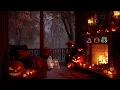 Cozy Halloween Balcony with Fireplace Crackles & Autumn Night Forest Sounds 🎃🔥